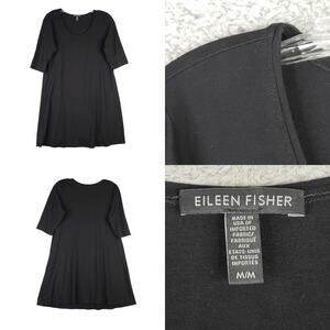 Eileen Fisher Dress Size Medium M Black Stretch Knit Short Sleeve Oversized